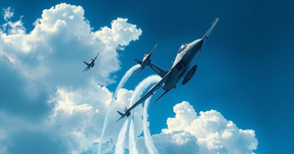 Military aircraft in flight with smoke trails in the background, showcasing a strategic military operation.