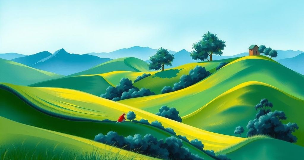 A serene landscape in Kenya, highlighting vibrant green hills under a calm blue sky, symbolizing hope and renewal.