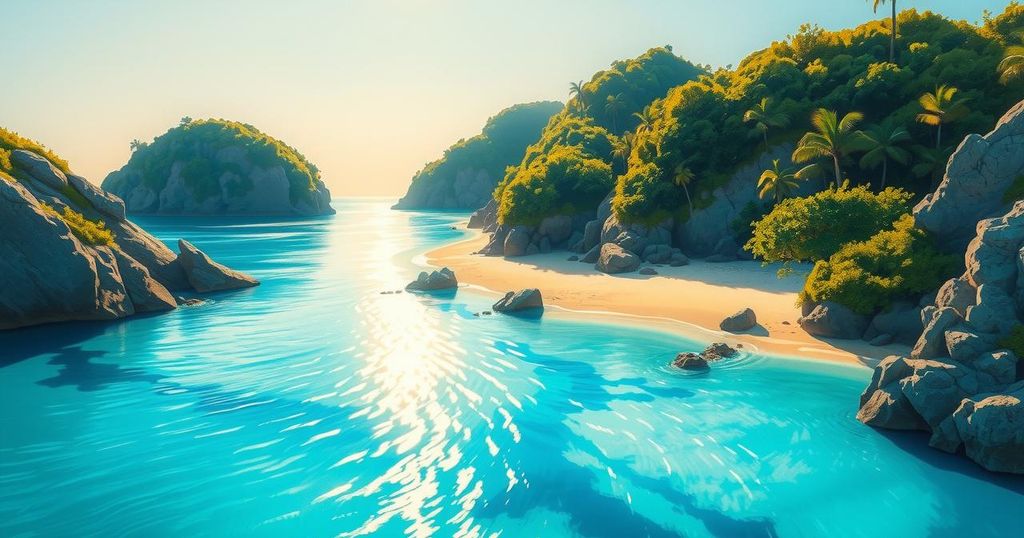 A serene landscape of the Montebello Islands with sandy shores and clear blue waters under a bright sky, capturing the natural beauty and history of the area.