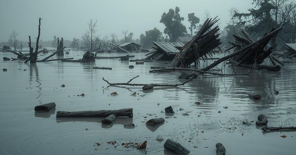 Flood-affected landscape with debris and standing water, evoking a sense of tragedy and loss in muted colors.
