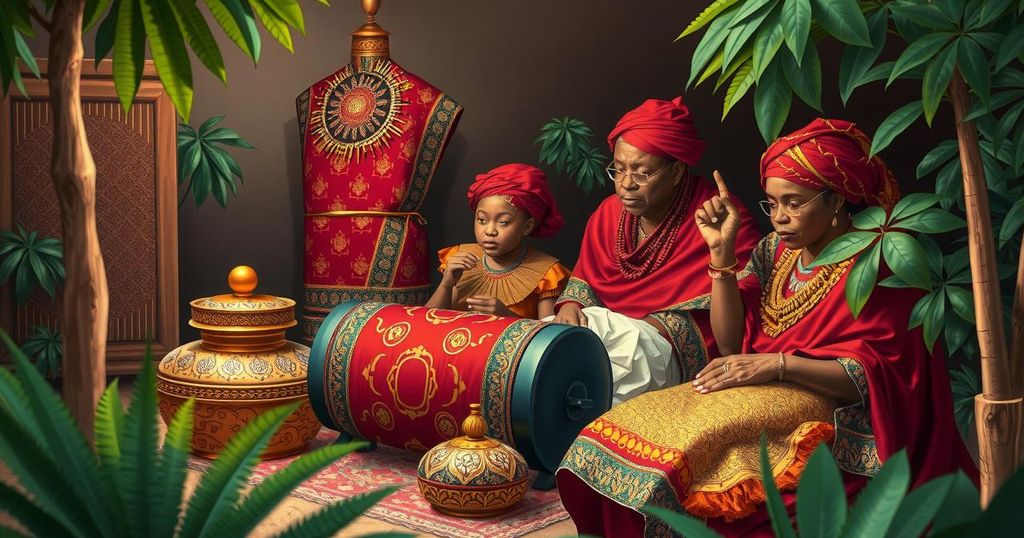 Traditional Asanteman funeral scene with vibrant ceremonial regalia and symbolic items honoring a chief.