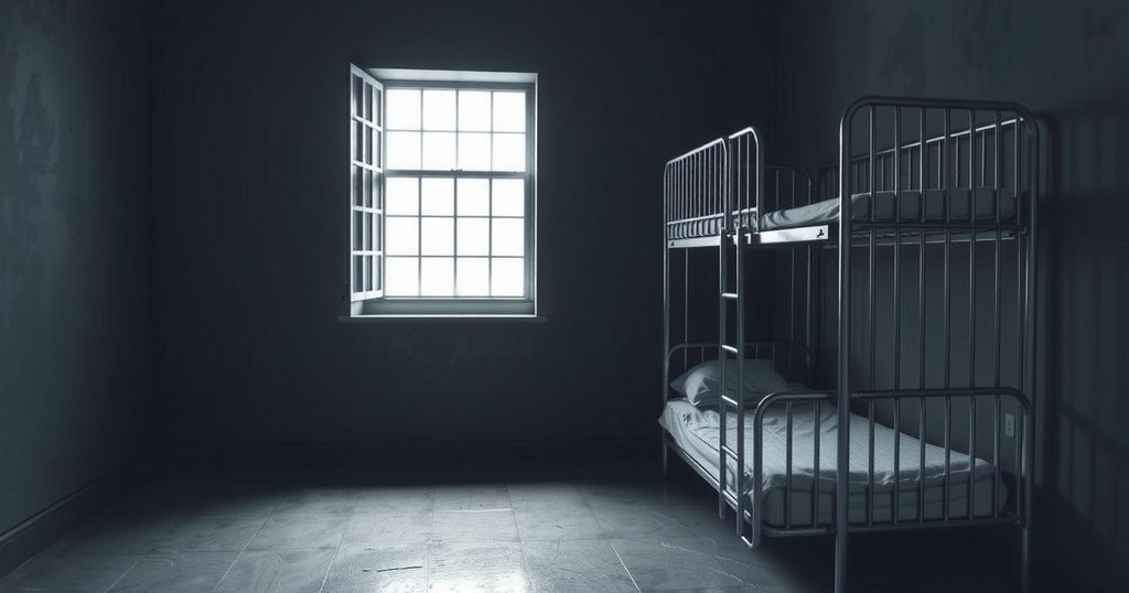 Kenyan prison cell with empty metal bunk and barred window showing a dim light, signifying a somber atmosphere.
