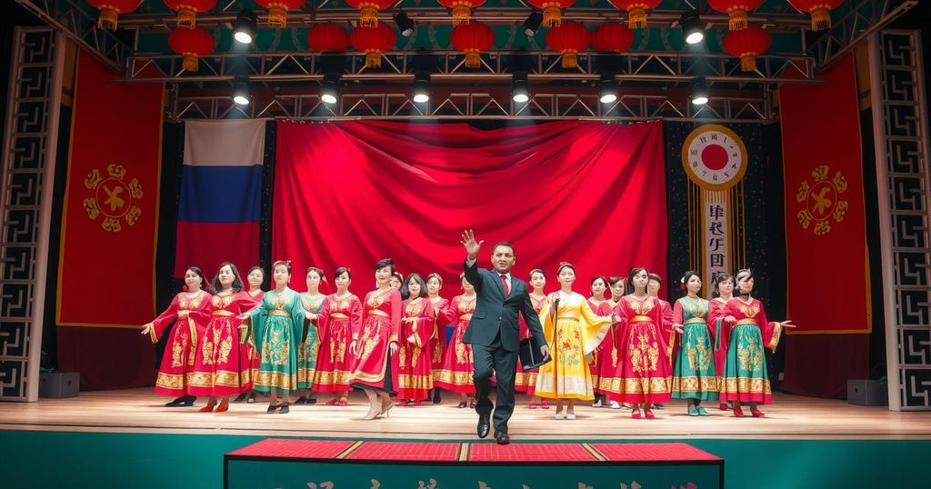 Cultural exchange scene with traditional Russian choir and dancers performing in a vibrant North Korean setting.