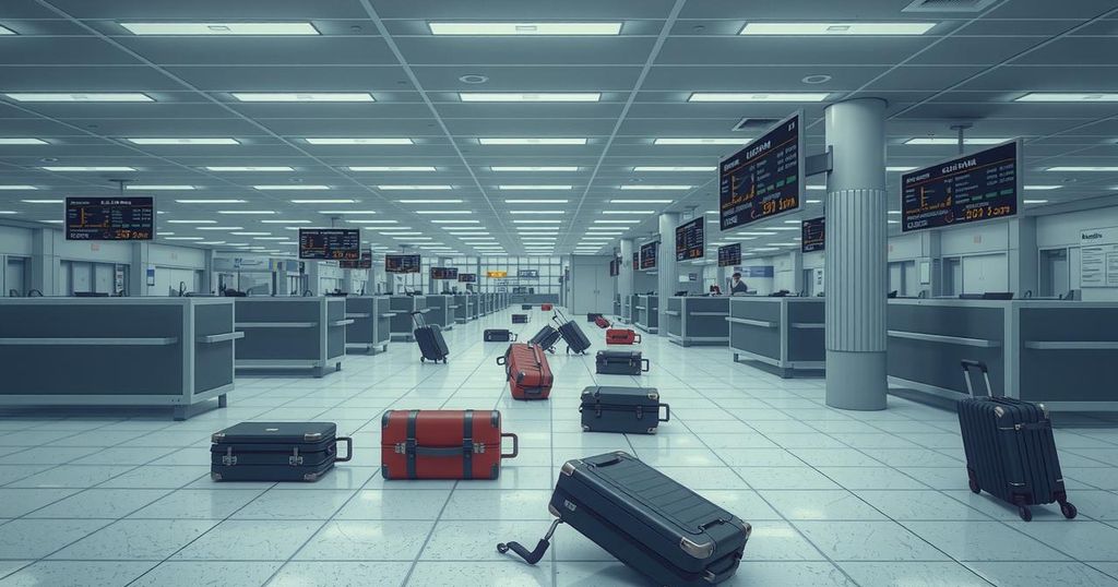 A chaotic airport scene depicting empty check-in counters, closed gates, and scattered luggage amid travel restrictions.