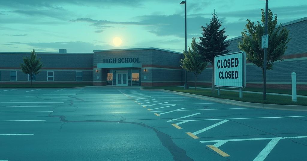 A tranquil school setting with a parking lot and a closed sign, capturing the essence of primary voting day.