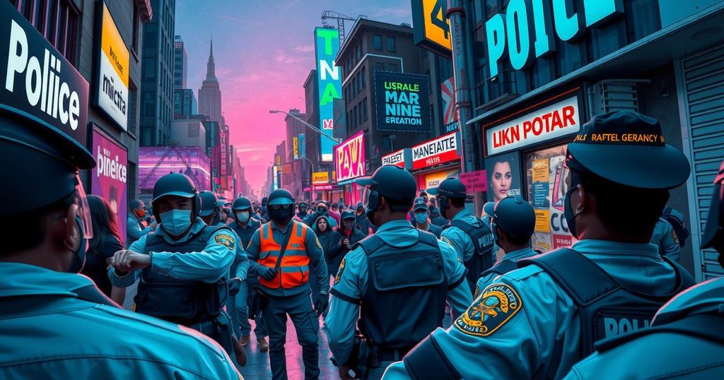 A tense scene during a protest in a city with police officers and demonstrators in the background, showcasing urgency.