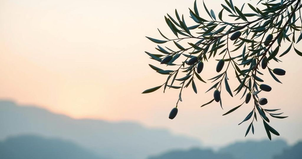 A peaceful landscape representing diplomacy, featuring olive branches and a serene skyline in soft pastel colors.
