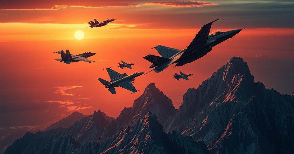 A dramatic military scene with stealth bombers and fighter jets flying over a mountainous landscape at sunset.