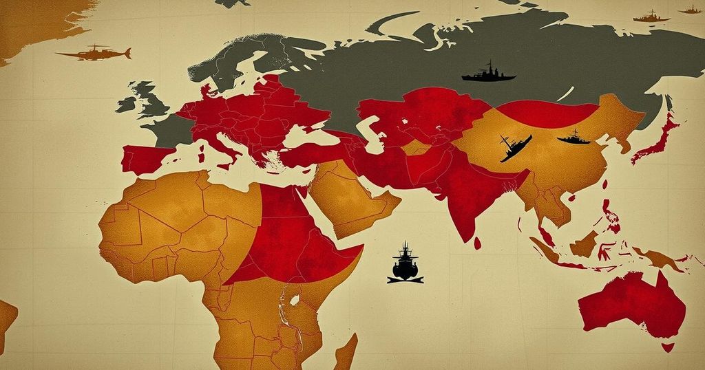 A stylized map illustrating conflict zones with abstract representations of military and naval movements in muted colors.