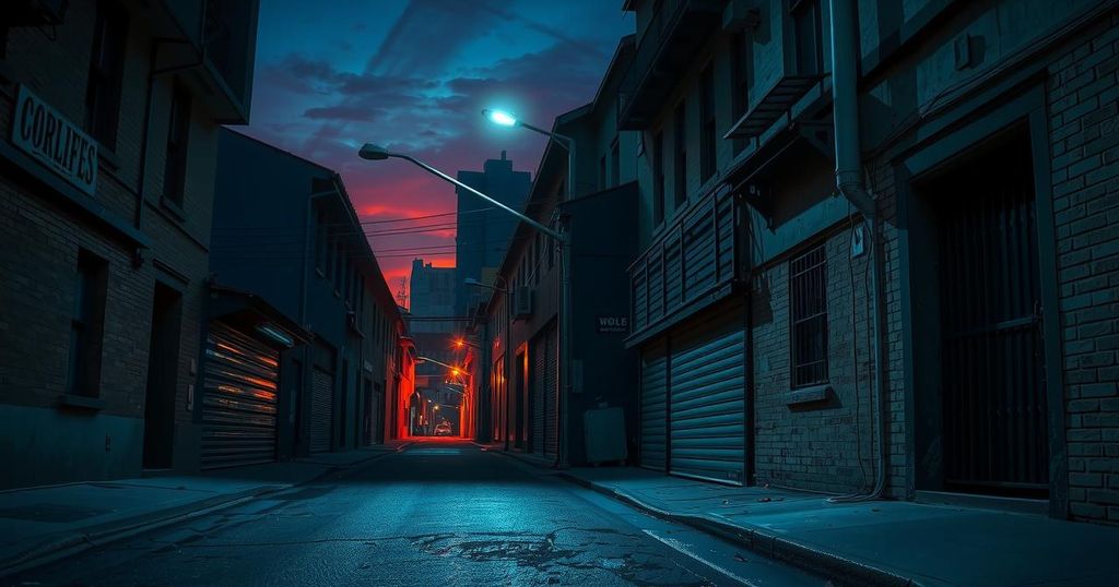 A dark urban alley in Johannesburg with empty streets, symbolizing women's safety concerns amidst crime.