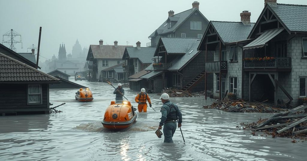 Rescue teams searching flooded area with buildings damaged by heavy rains in Nigeria after severe flooding.