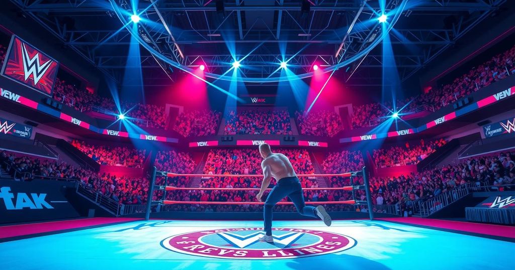 WWE arena with bright lights and props, showcasing a lively wrestling event atmosphere.