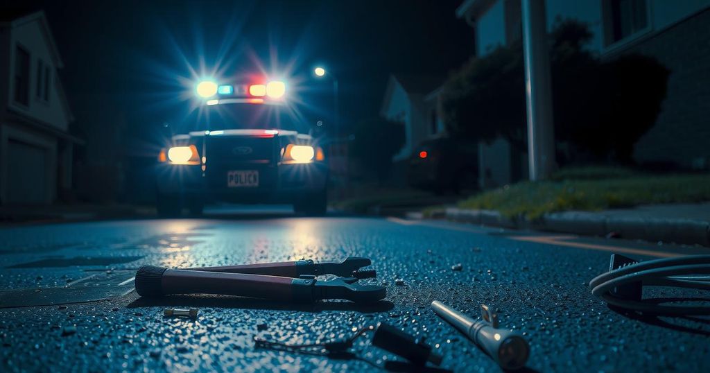 Arrest scene of suspects involved in vandalizing electric cables under a night sky with a patrol vehicle.