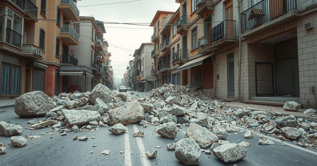 Debris and fallen rocks on a road in an urban area after an earthquake, depicting recovery efforts in Lima, Peru.