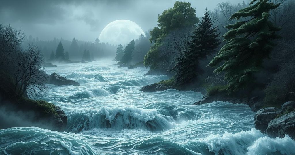 Raging floodwaters engulf a landscape, with trees and debris caught in swirling currents during a storm.