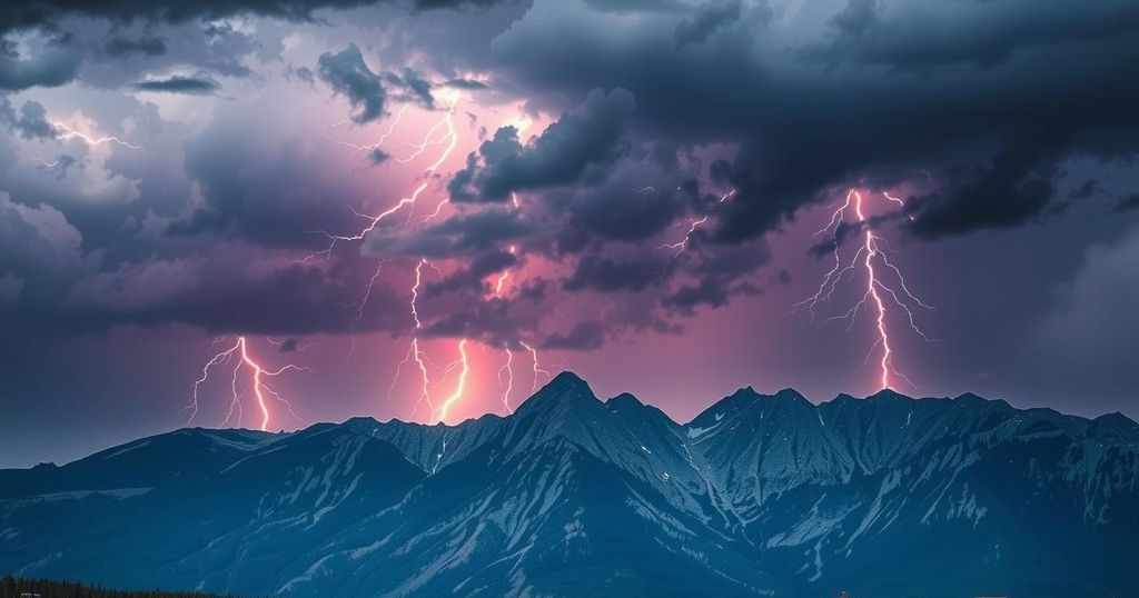 Thunderstorms over a scenic Montana landscape with dark clouds and dramatic lightning in the sky.