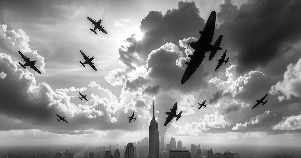 Dramatic sky over Tehran with silhouettes of aircraft amidst clouds during a tense atmosphere.