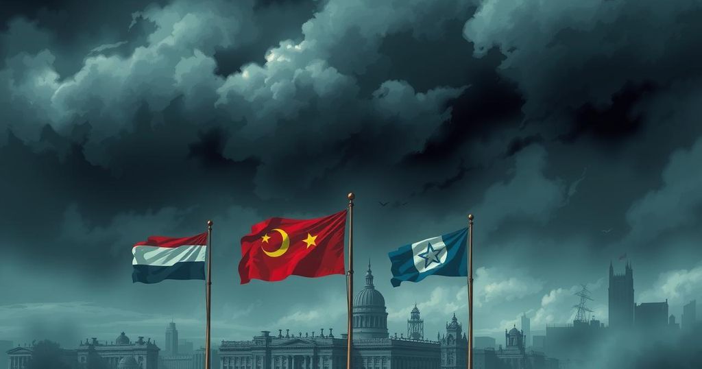 A dramatic scene depicting international tensions with military symbols, dark clouds, and a muted color palette.