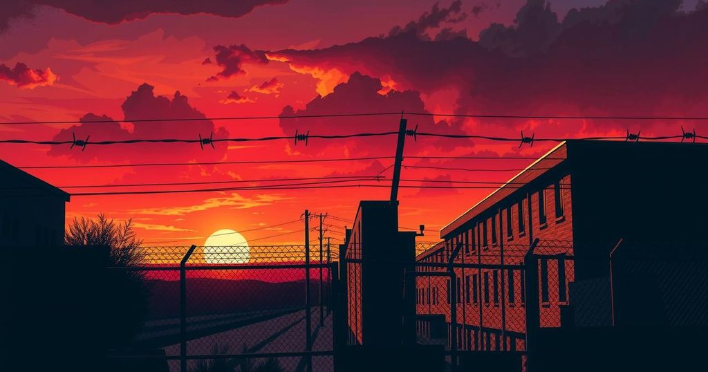 A prison yard scene at sunset, featuring barbed wire, a looming building silhouette, and shadows representing confinement.