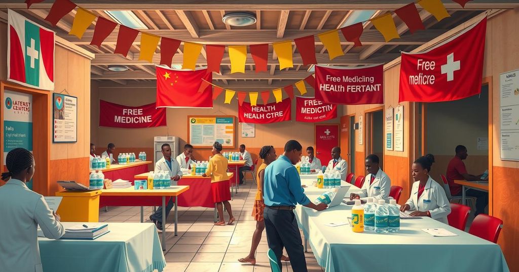 Chinese medical team providing free clinic services to locals in Maputo with healthcare resources.