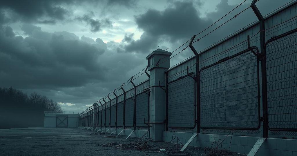 A dimly lit, barbed-wire topped prison exterior with towering walls and a somber sky above, conveying despair and confinement.