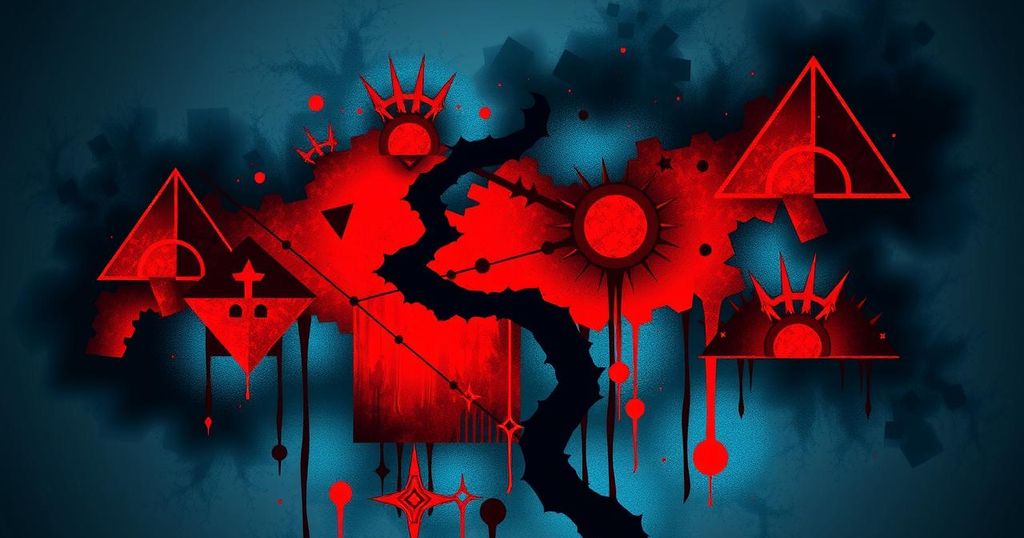 A stylized representation of sanctions and pressure against Russia using abstract visual elements and dark colors.