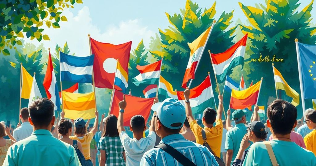 A peaceful assembly scene depicting a gathering of people holding colorful banners in support, under a clear sky.