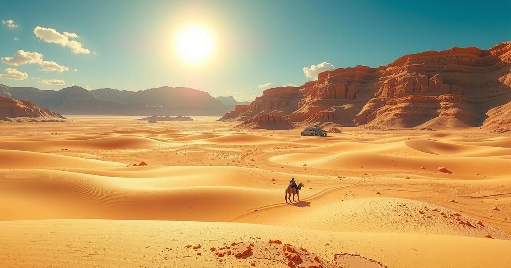 Desert landscape with high temperature indicators under a bright sun, showcasing Moroccan heatwave visuals.
