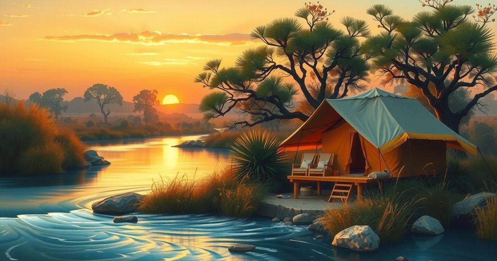 A serene safari landscape showing a tent by a river in Namibia, under a soft sunset glow.