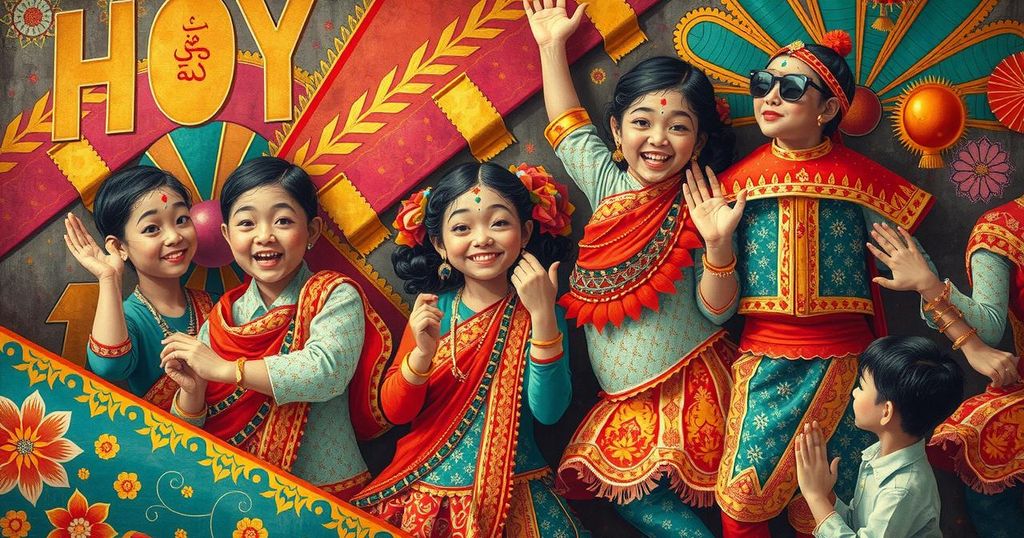 Colorful decorative patterns celebrating a festive occasion in a vibrant color scheme with traditional elements.