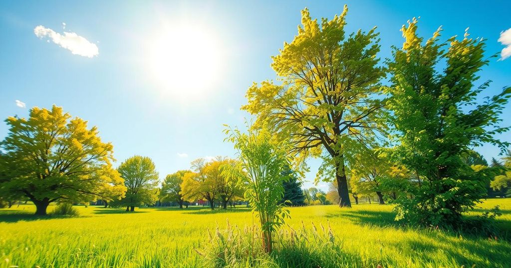 Bright sunny skies over a landscape with greenery, showcasing a warm and breezy summer day