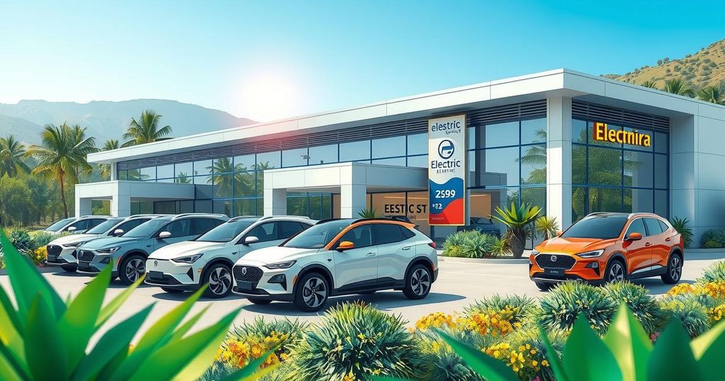 Electric vehicle dealership concept in South Africa with modern cars amidst vibrant surroundings.