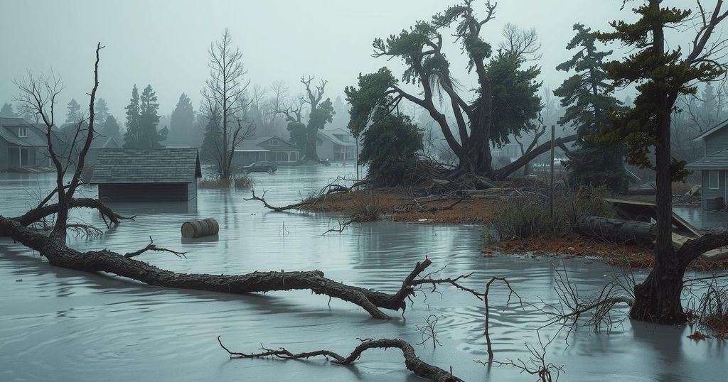 Devastated landscape showcasing flood destruction with submerged homes and uprooted trees in muted colors reflecting loss.