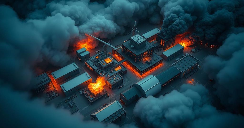 A dramatic military action scene depicting airstrikes over an industrial facility within a dark blue and gray color palette.