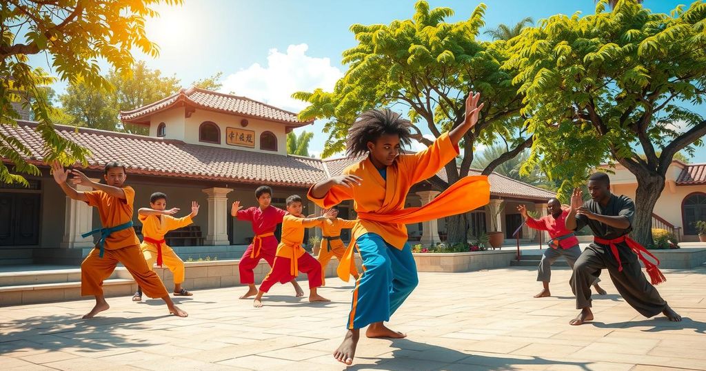 Martial arts club with students practicing kung fu in a vibrant outdoor setting of Benin, showcasing cultural exchange.