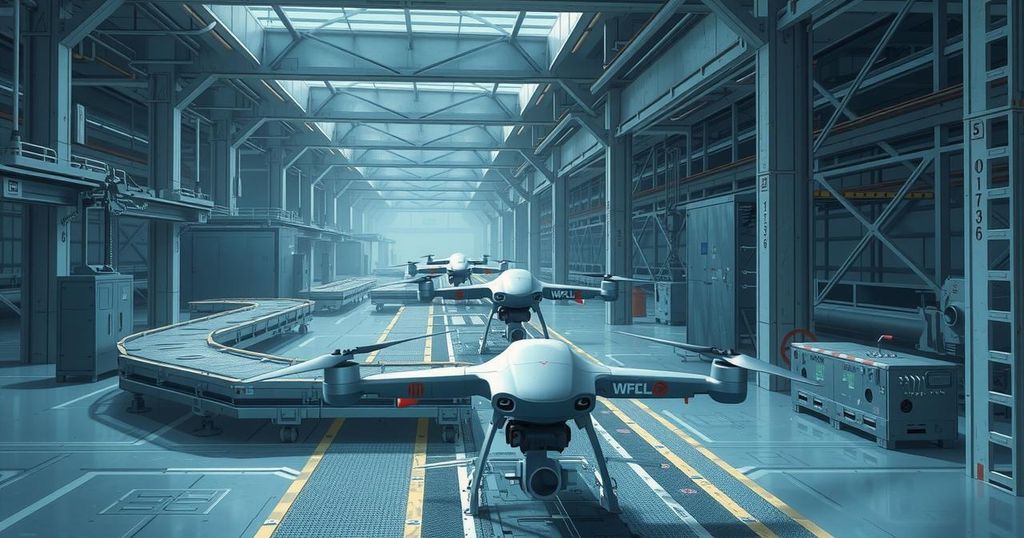A digital artwork depicting drone manufacturing in a factory with North Korean and Russian elements.