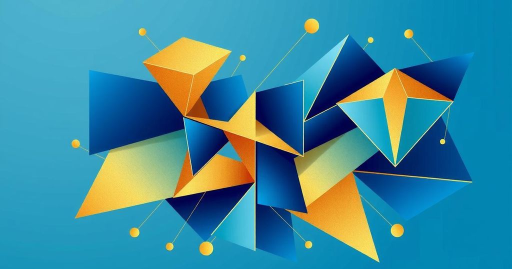 A stylized, abstract representation of political unity featuring interconnected shapes and strong contrasts in blue and gold colors.