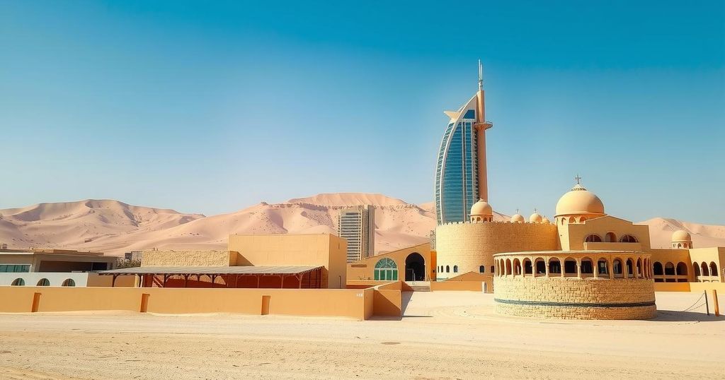A vibrant desert landscape with iconic UAE architecture under a clear blue sky, showcasing the region's unique tourism appeal.