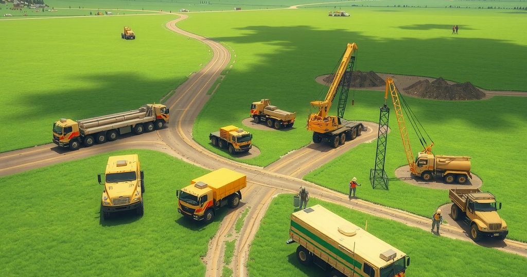 Military builders and equipment in a green landscape, showcasing collaboration between two nations, military theme.