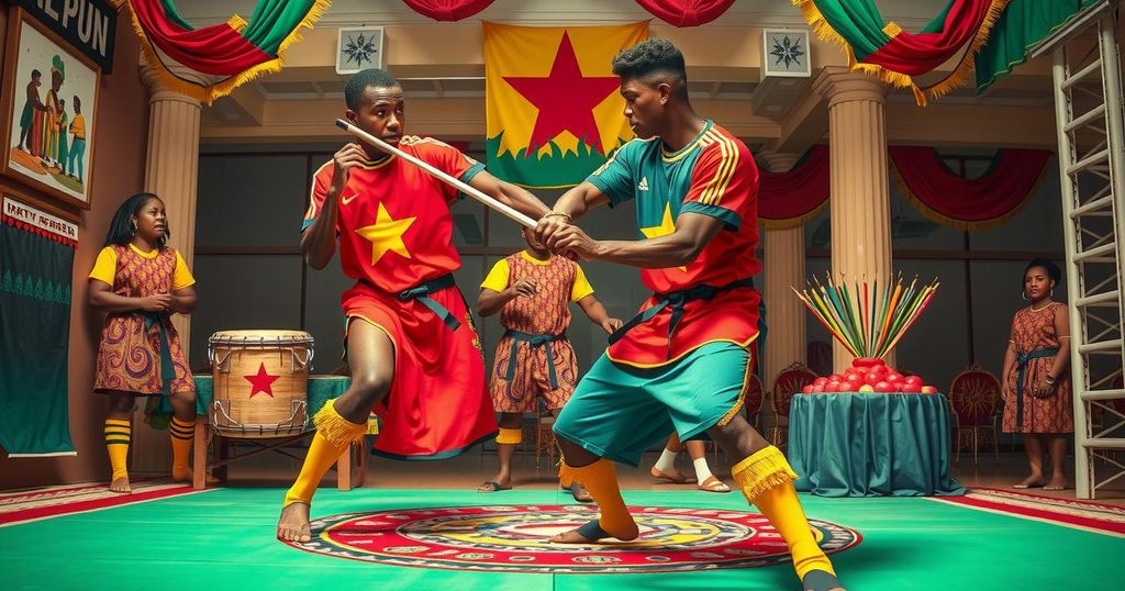 Celebration of martial arts milestones in Ghana with traditional symbols and vibrant decorations representing African culture.