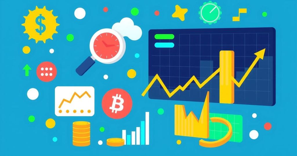 Colorful depiction of stock market symbols and financial charts symbolizing investments and market activities.