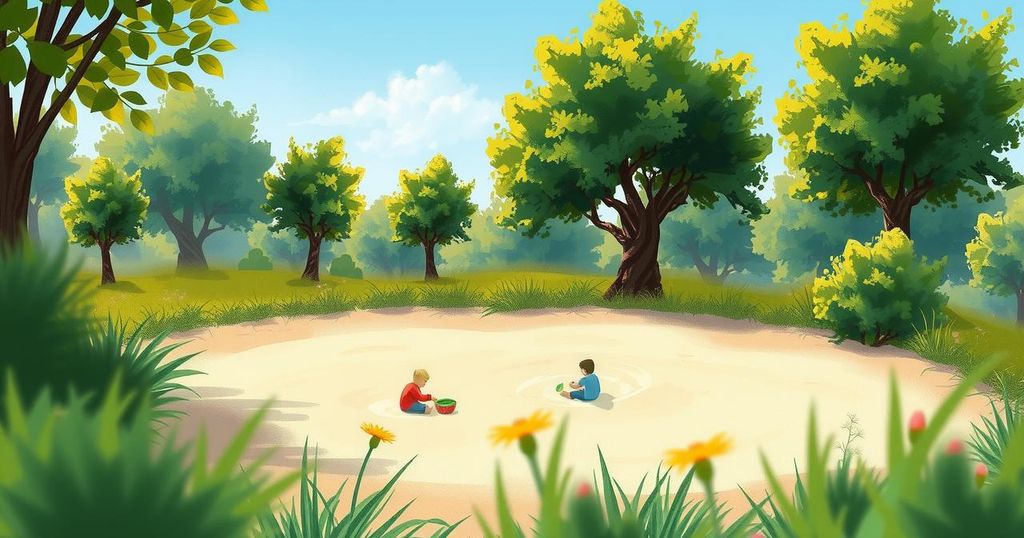 A serene sand pit surrounded by trees under a blue sky, representing children playing safely outdoors.
