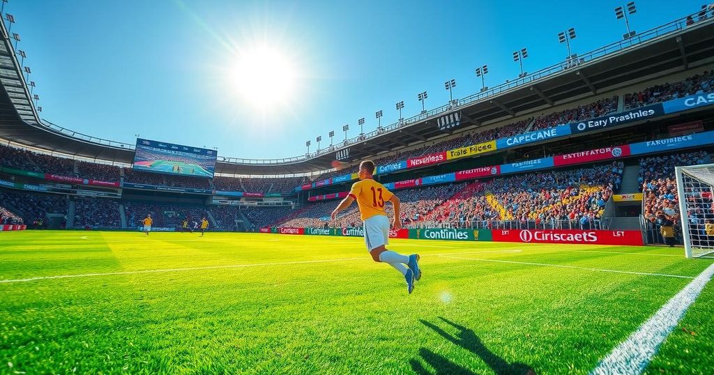 Soccer field with a vibrant green pitch surrounded by colorful team banners and a clear blue sky