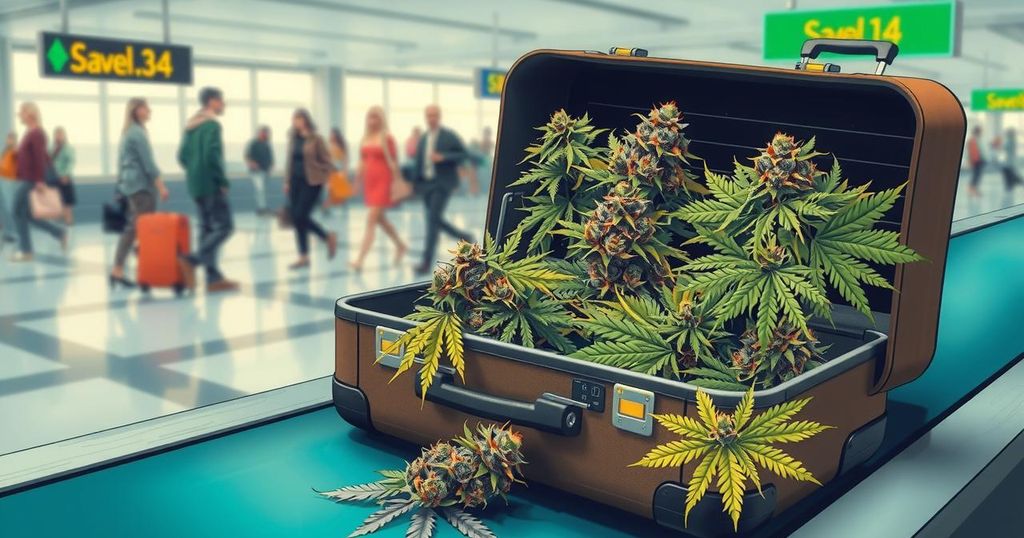 A suitcase loaded with cannabis on an airport conveyor belt with a blurred airport background.