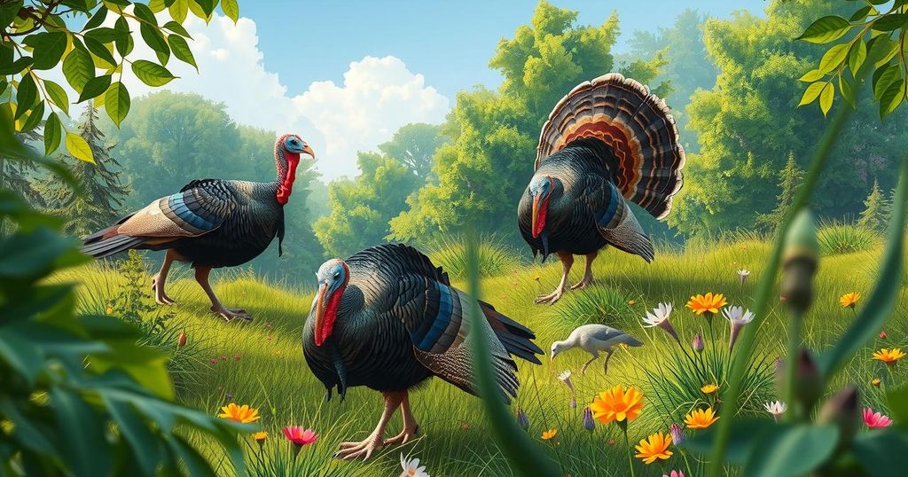 A serene landscape with woodland and open fields showcasing wild turkeys in their natural habitat on the Eastern Shore.