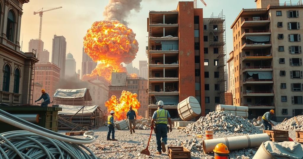 A vibrant scene of construction and rebuilding in Beirut, showcasing community efforts and relief activities.