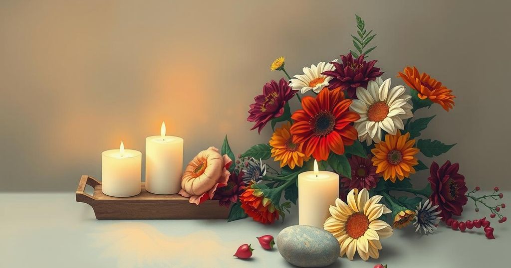 A somber landscape with candles and flowers, symbolizing mourning and remembrance for victims of violence against women in South Africa.