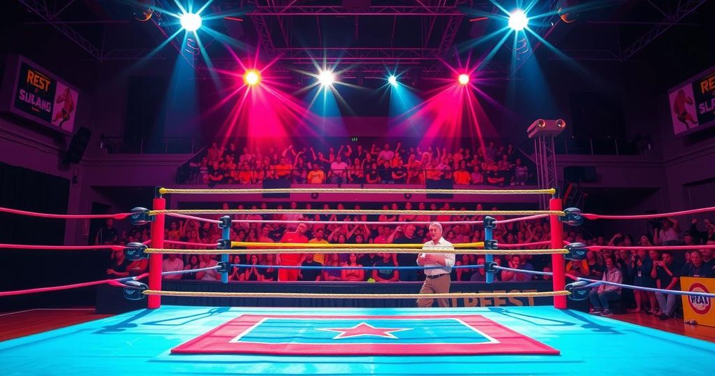 A vibrant wrestling ring illuminated with bright lights, showcasing dramatic action and excitement in an arena.
