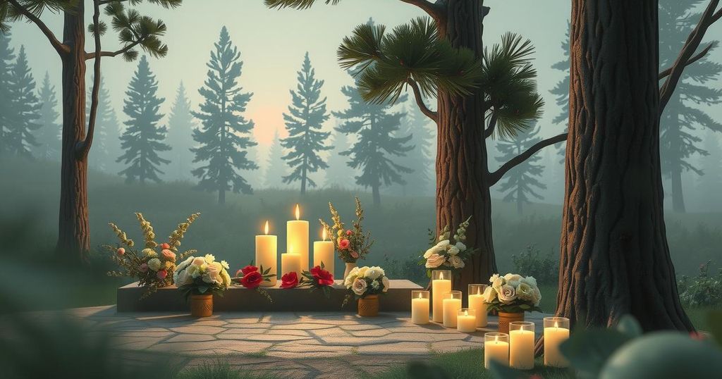 A somber memorial site with candles, flowers, and pine trees representing remembrance and loss.