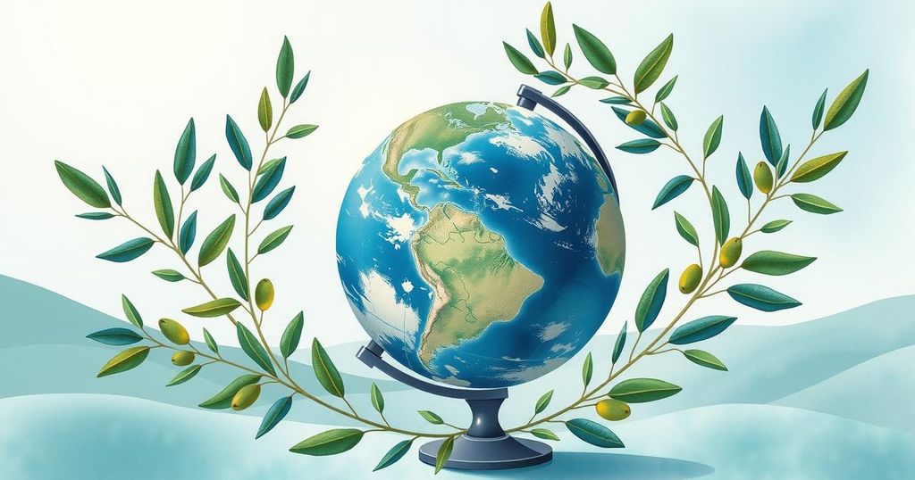 An abstract representation of diplomatic dialogue between nations featuring symbolic olive branches and a globe.